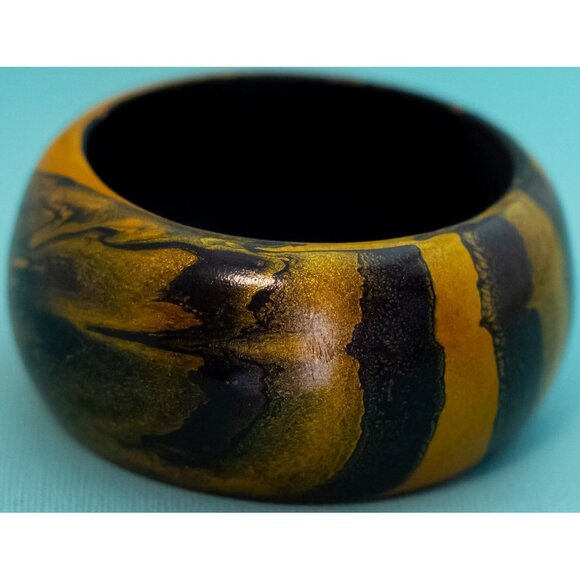 7 inch, Vintage Abstract Artistic Smoke Gold Tone Wooden Bangle - EX9 - Picture 2 of 3
